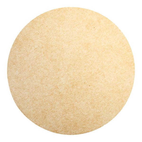 A Baker's Lane round unbleached Quilon-coated parchment pan liner. A close up of a round piece of light brown paper.