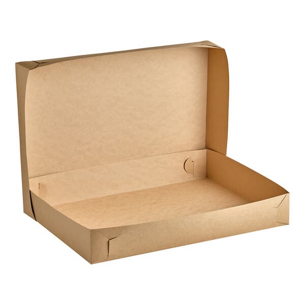 A brown cardboard Baker's Lane full sheet cake box with an open lid.