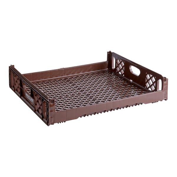A Baker's Lane brown plastic crate with a grid for bread loaves.