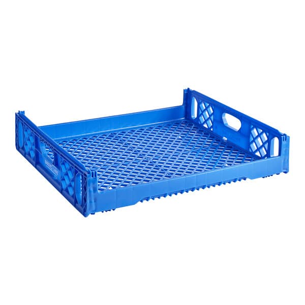 A blue plastic crate with handles and holes.