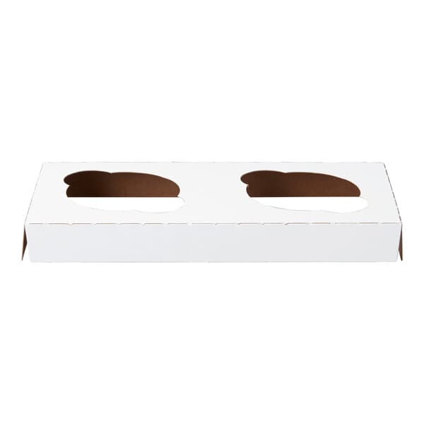 A white cardboard cupcake insert designed to hold two standard cupcakes for an 8" x 4" box.