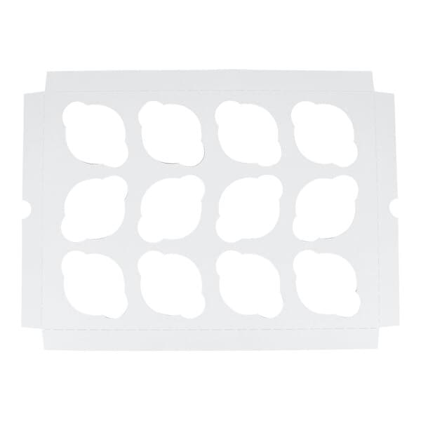A white cardboard cupcake insert with twelve cut-out slots designed to hold standard-sized cupcakes in a 14 x 10 inch box.