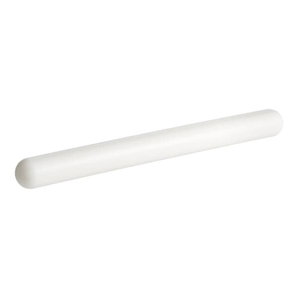A white polyethylene dowel rolling pin measuring 19 1/2 inches in length.