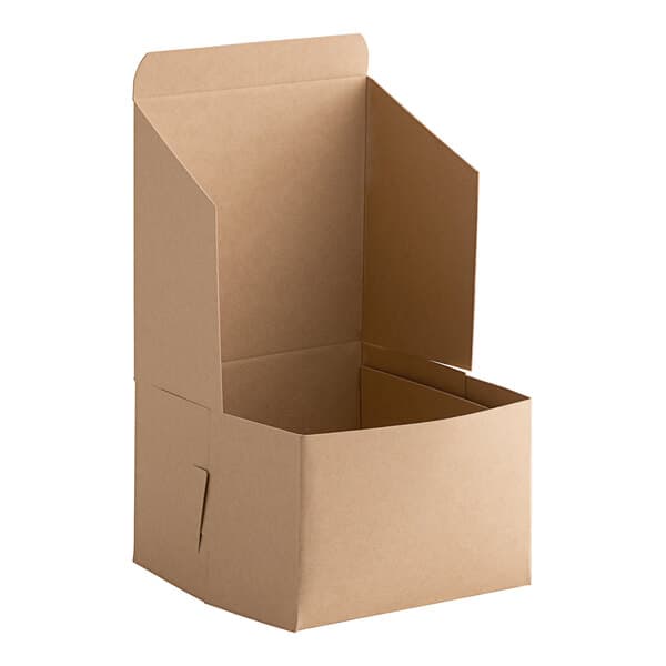 A brown Baker's Lane cake box with an open lid.