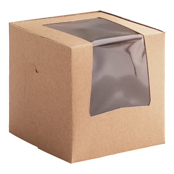 A Baker's Lane brown Kraft cupcake box with a clear window.