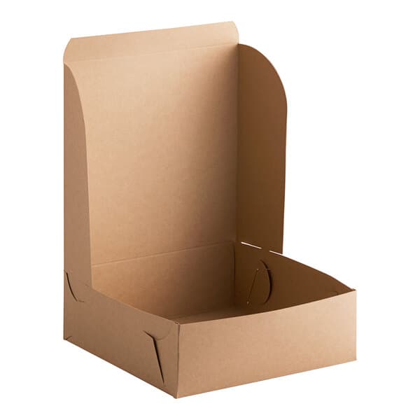 A Baker's Lane cardboard bakery box with an open lid.
