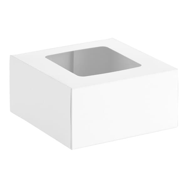 A white bakery box with a transparent window on top.