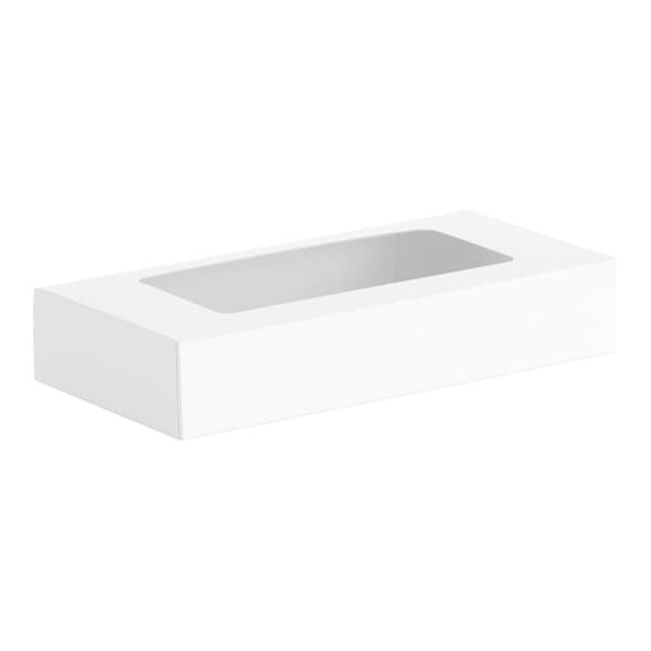 A rectangular white bakery box with a transparent window on top.