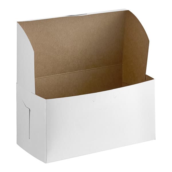 A white cardboard bakery box with an open lid and brown interior.