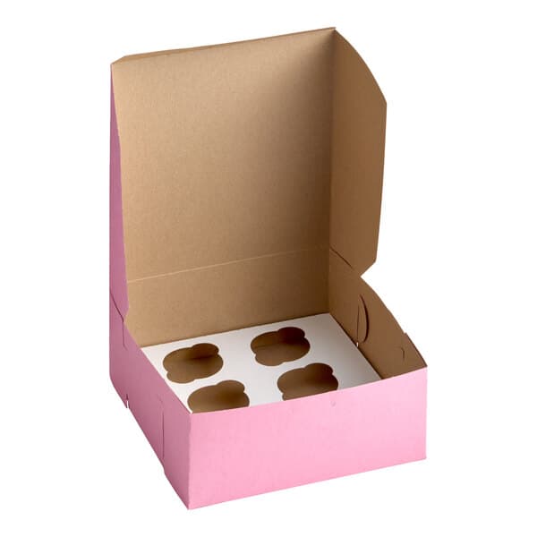 A pink cardboard cupcake or muffin box with an open lid and a white insert featuring six slots for holding baked goods.